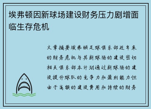 埃弗顿因新球场建设财务压力剧增面临生存危机