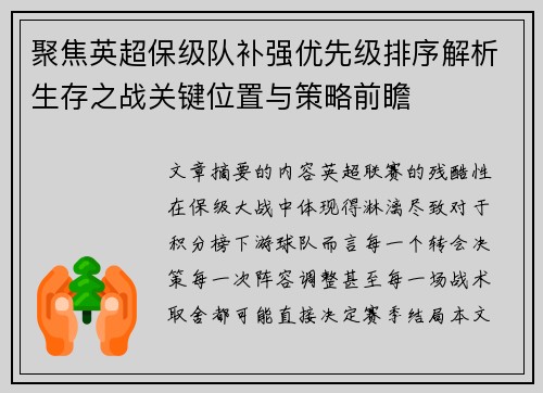 聚焦英超保级队补强优先级排序解析生存之战关键位置与策略前瞻